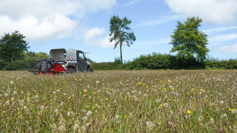 A field with long grass and flowers with a buggy pulling a trailer driving through